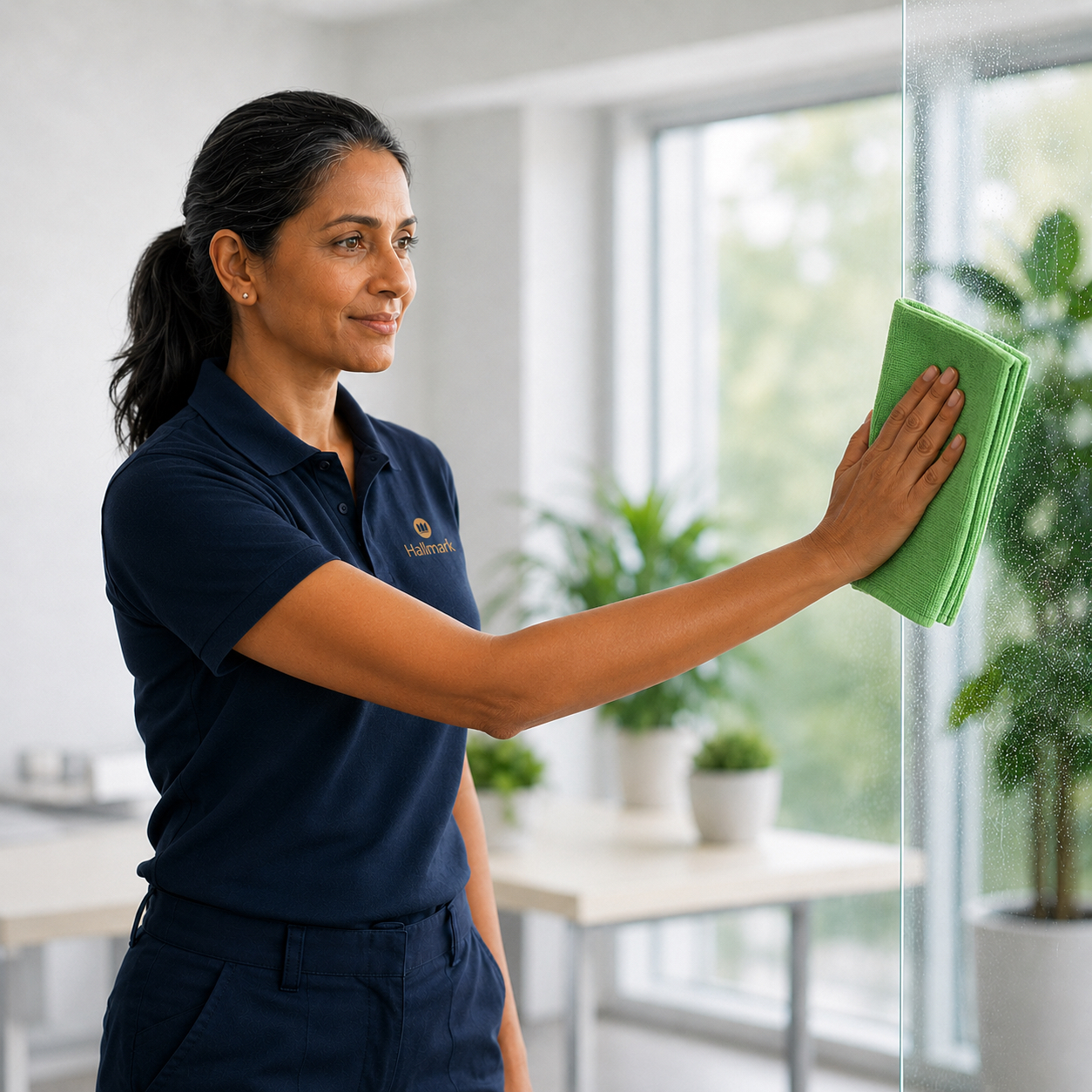 Hallmark cleaning staff wiping glass