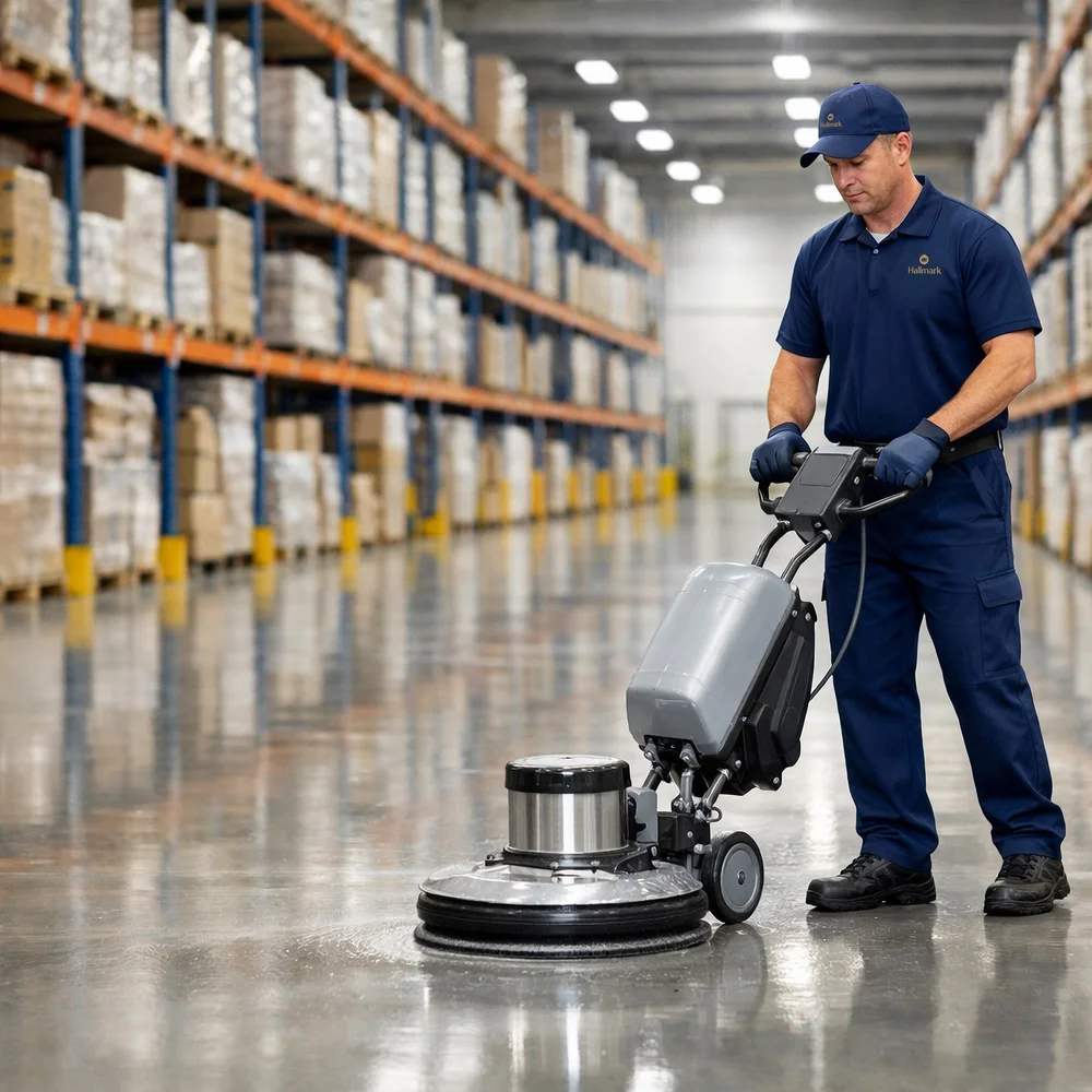 Hallmark technician polishing a warehouse floor